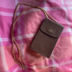 brown leather coach messenger bag/wallet with gold chain crossbody